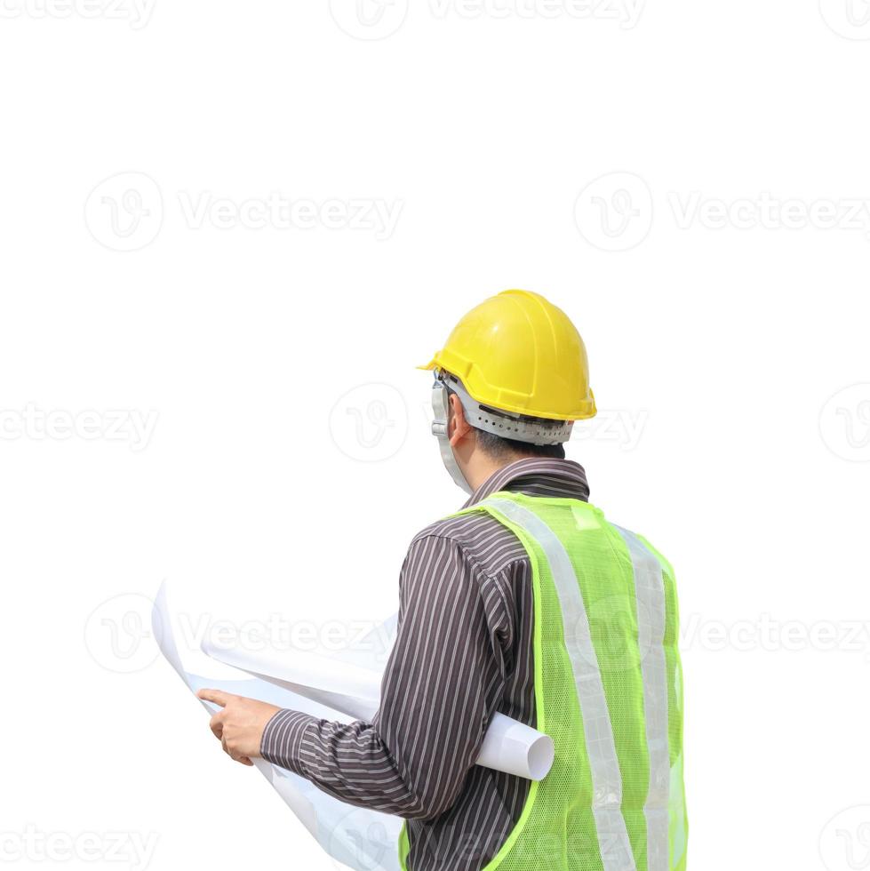 Asian business man construction engineer hold blueprint paper isolated on white background with clipping path photo