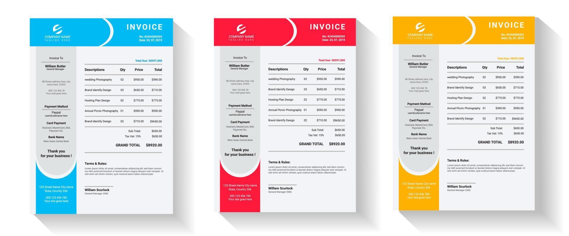 Invoice and payment agreement design templates. Invoice, Tax form, bill graphic or payment receipt template vector