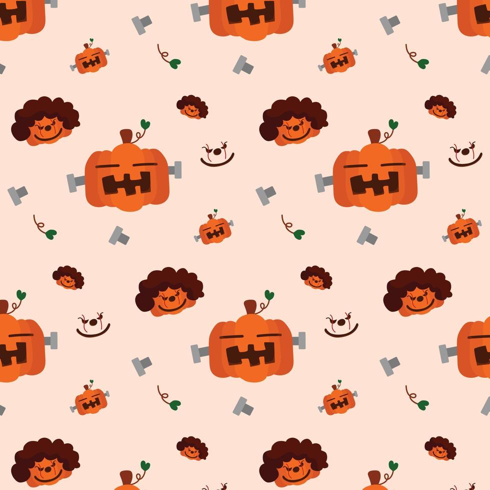 Halloween background with elements of seasonal illustration on orange background seamless pattern in vector. vector
