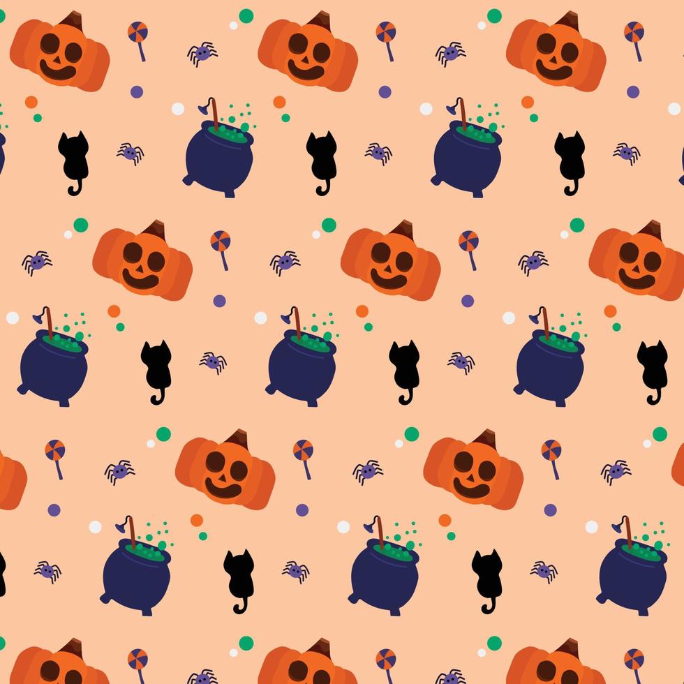 toda la calabaza de halloween y la ilustración del elemento de bruja en el patrón sin costuras de fondo naranja en el vector. fondo de halloween vector