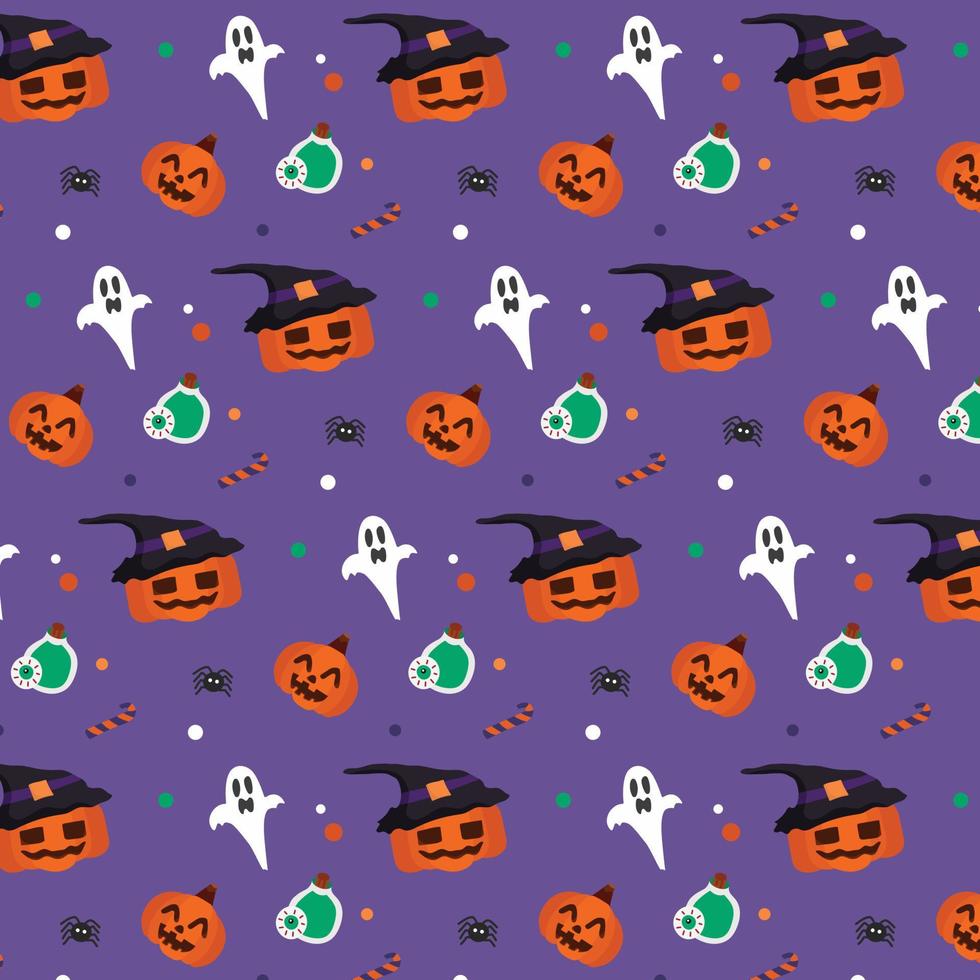 todas las calabazas de halloween de brujas y la ilustración de elementos de brujas en el patrón sin costuras de fondo púrpura en el vector. fondo de halloween vector