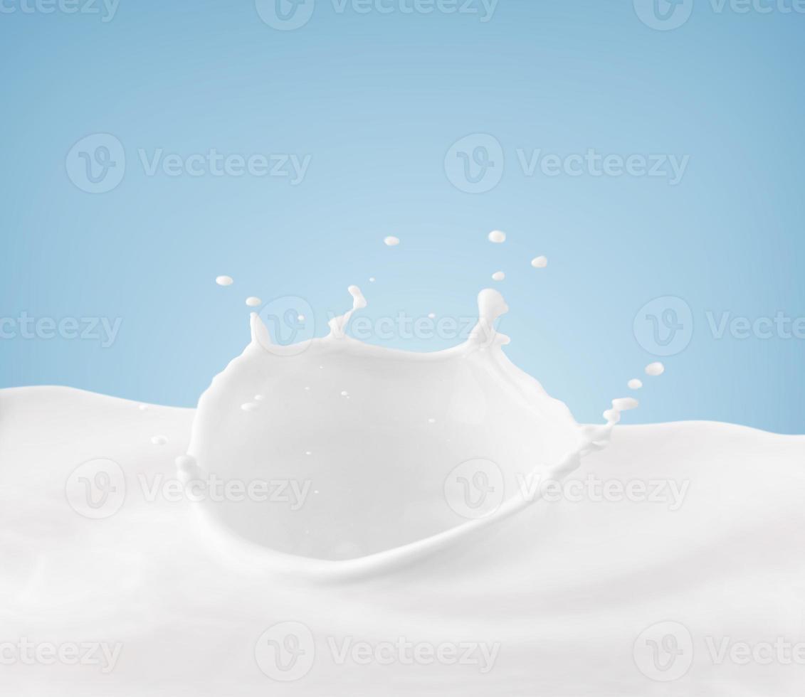 Milk crown splash, splashing in milk pool with blue background photo