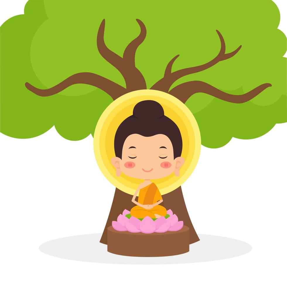 Cute cartoon little buddha praying on a lotus. vector
