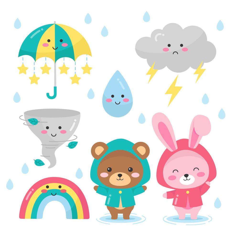 Cute cartoon weather in hand drawn style. Bear and rabbit on rainy day. vector