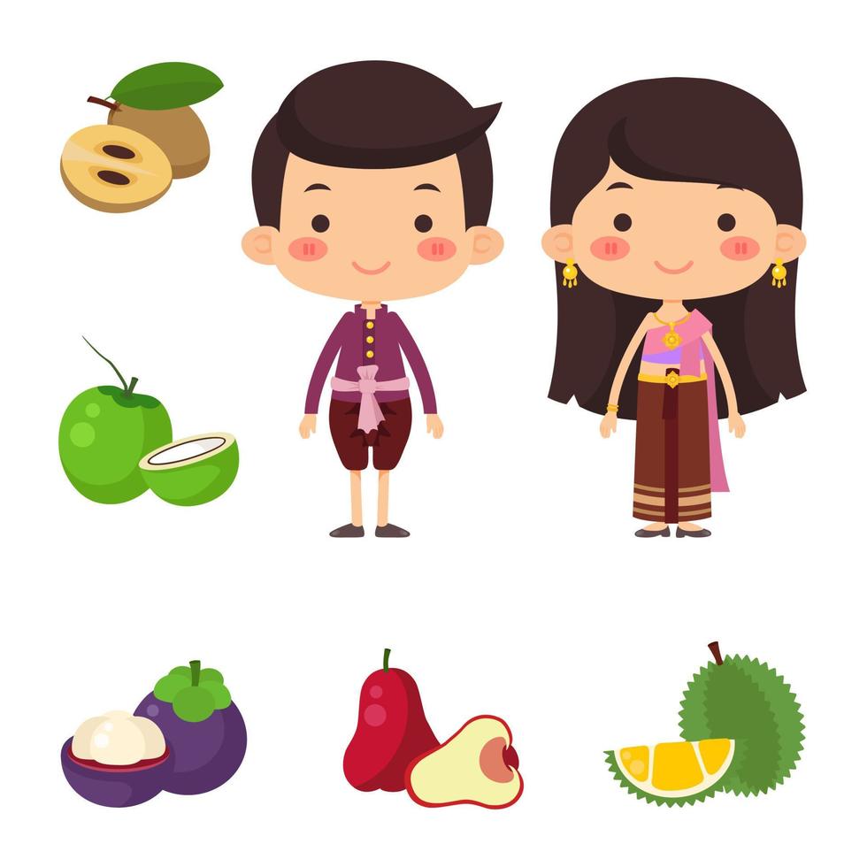 lindo traje de hombre y mujer tradicional. persona tailandesa y fruta. vector