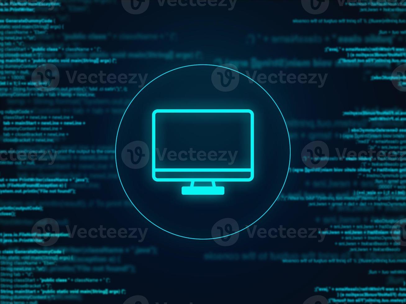 Computer coding concept. Lines of code with a computer icon. photo