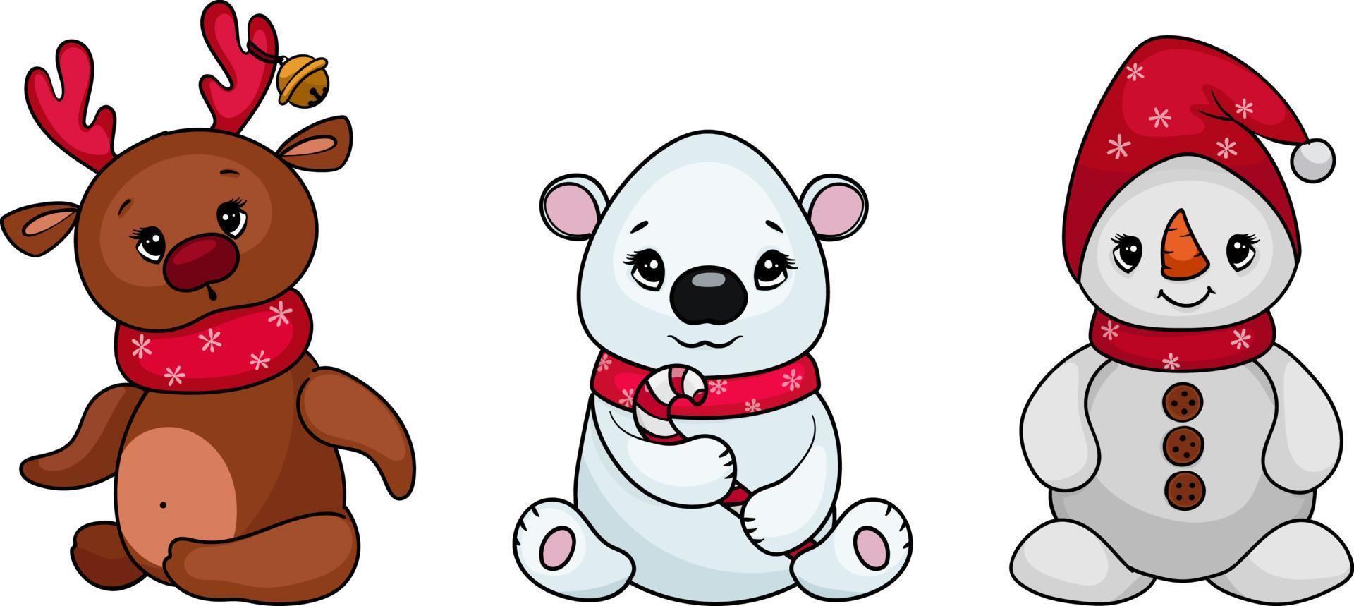 lindos personajes navideños: cervatillo, muñeco de nieve, oso blanco. ilustración vectorial en estilo de dibujos animados vector