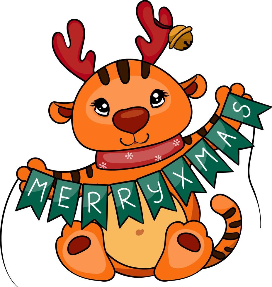 Cute little tiger rides congratulates on Christmas. Christmas character. New year clipart. vector