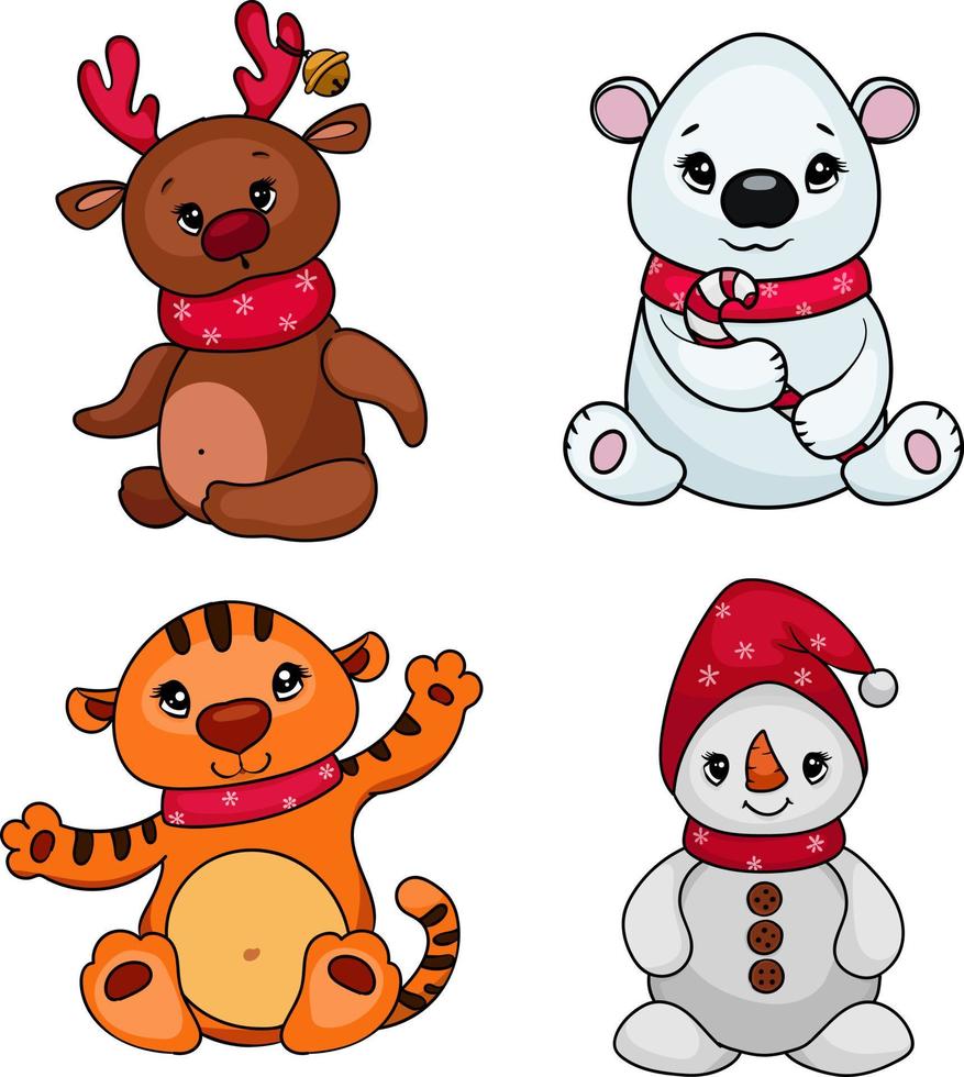 lindos personajes navideños: cachorro de tigre, cervatillo, muñeco de nieve, oso blanco. ilustración vectorial en estilo de dibujos animados vector