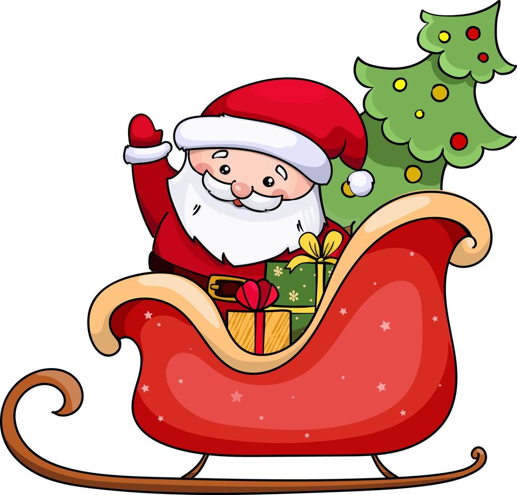 Santa claus rides in sleigh with christmas tree vector