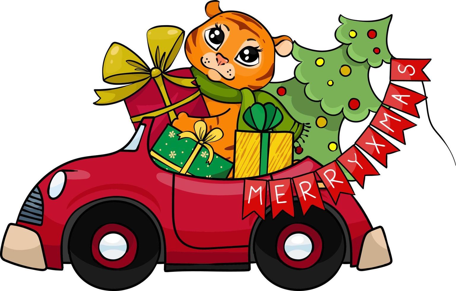 un pequeño y lindo tigre conduce un auto rojo y lleva un árbol de navidad con regalos. imágenes prediseñadas de año nuevo. vector