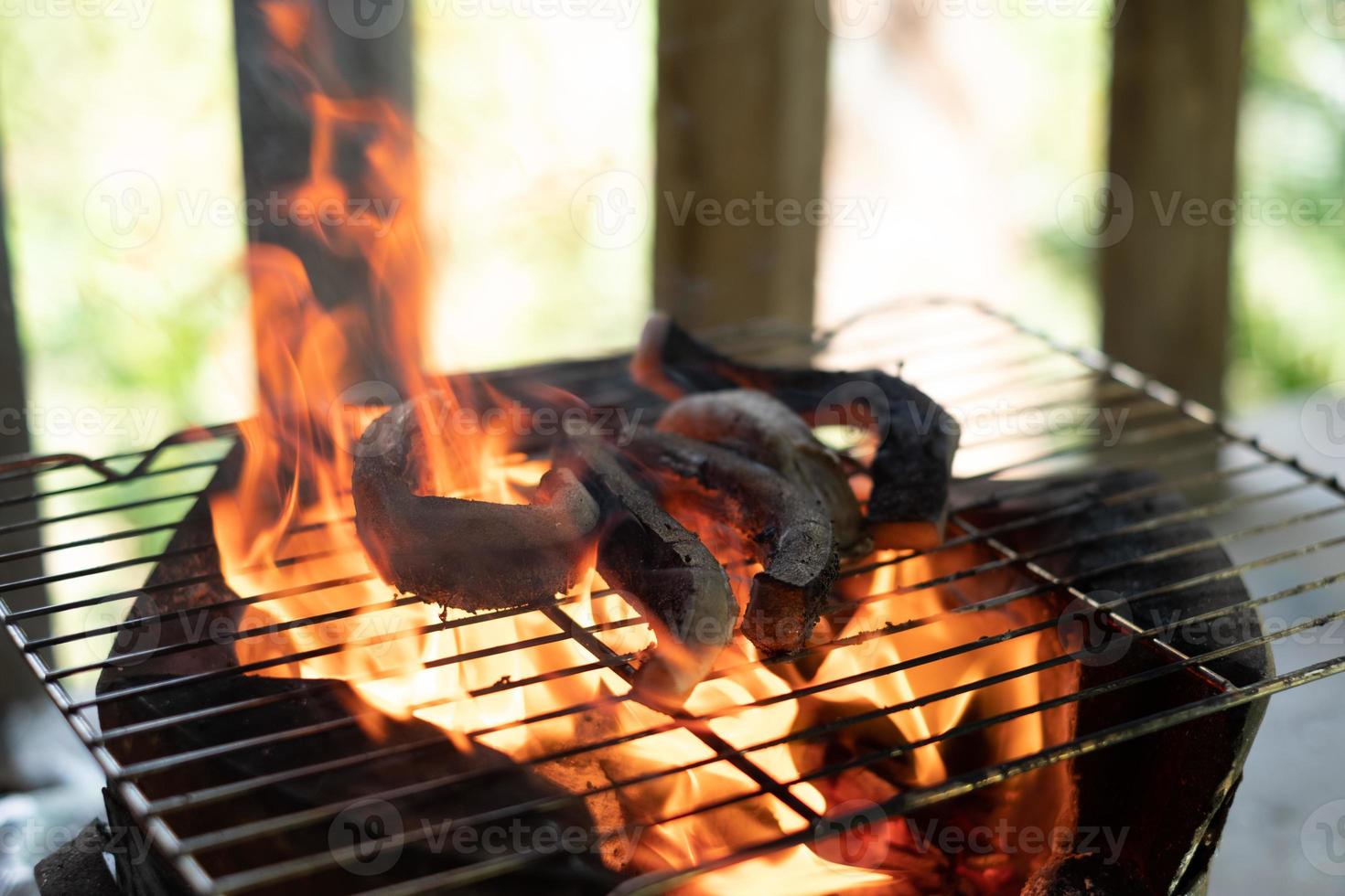 Grilling a slice of buffalo buff over an open charcoal fire photo