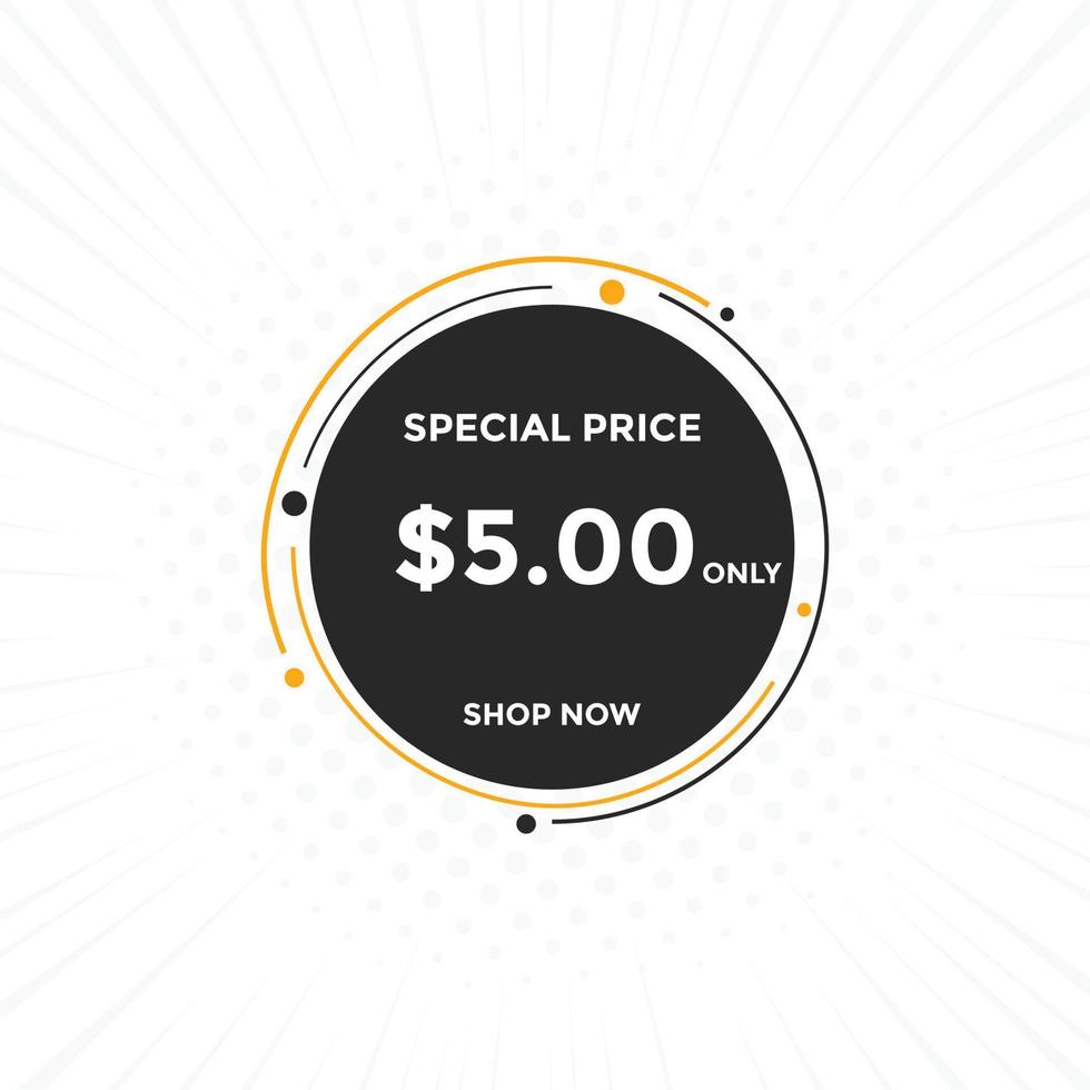5 USD Dollar Month sale promotion Banner. Special offer, 5 dollar month price tag, shop now button. Business or shopping promotion marketing concept vector