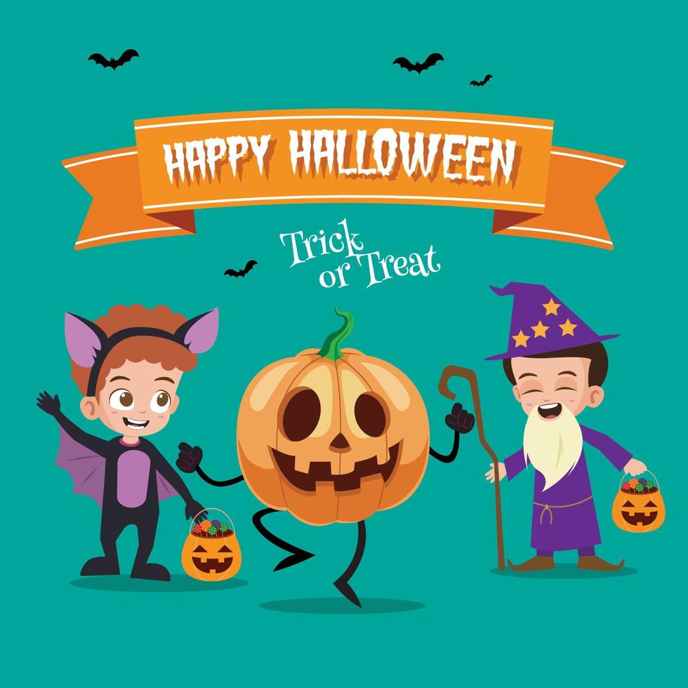Happy halloween with happy kids in bat, wizard costume vector illustration