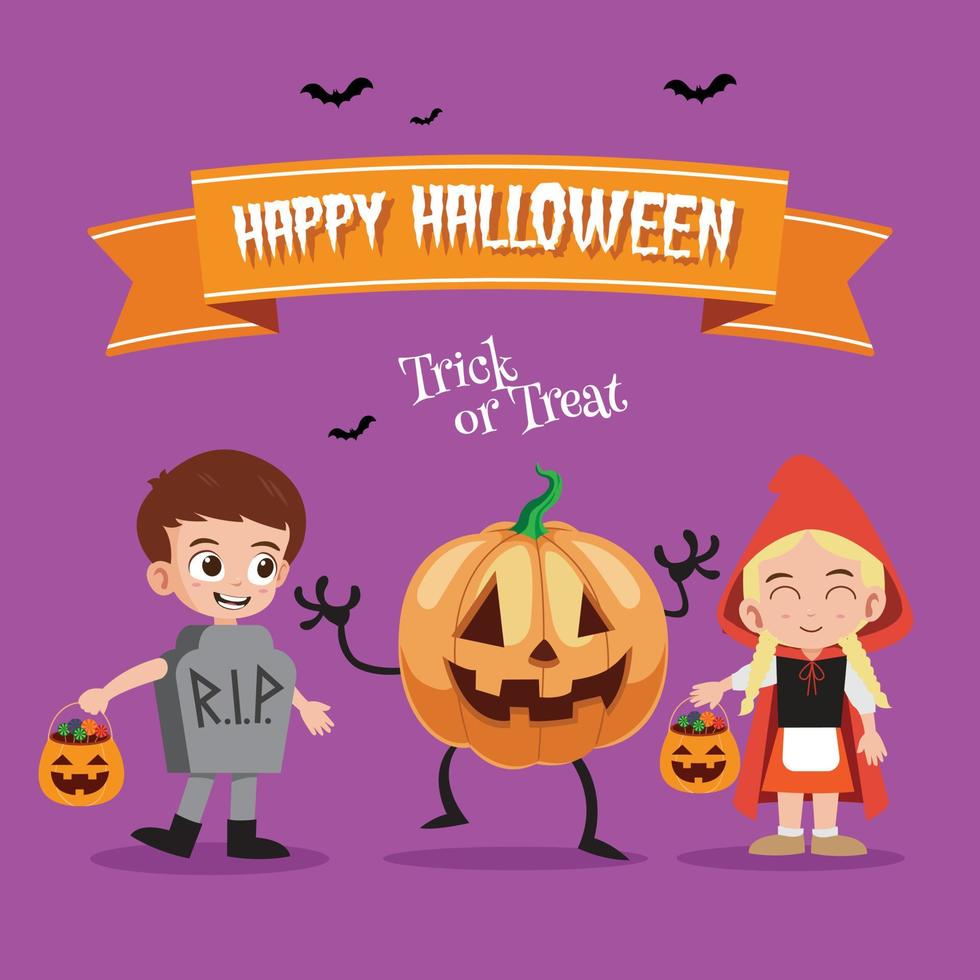 Happy halloween with happy kids in RIP, red hood costume vector illustration