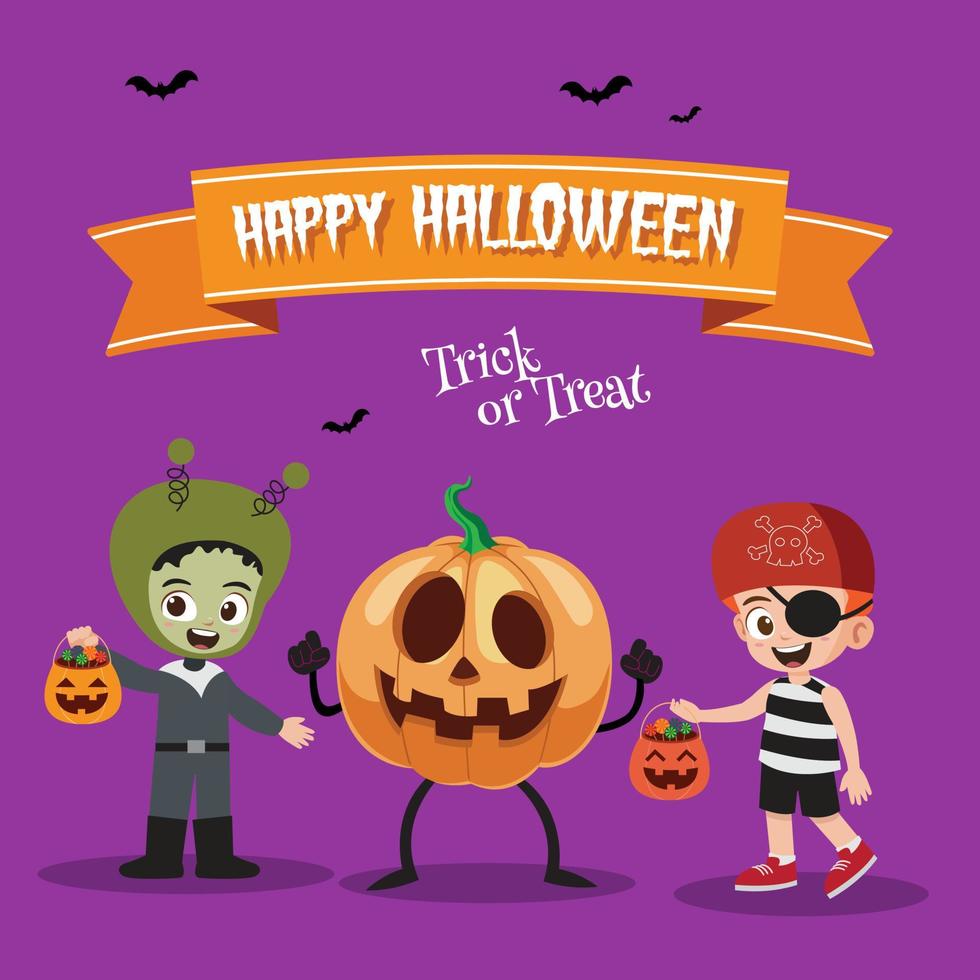 Happy halloween with happy kids in alien, pirate costume vector illustration