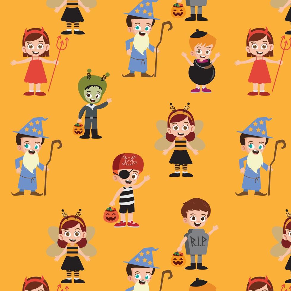 Cute kids wearing halloween costumes pattern vector illustration.