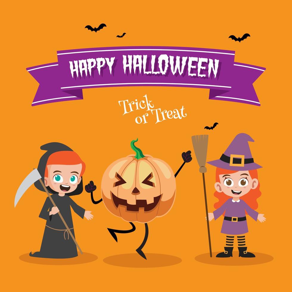 Happy halloween with happy kids in reaper, witch costume vector illustration