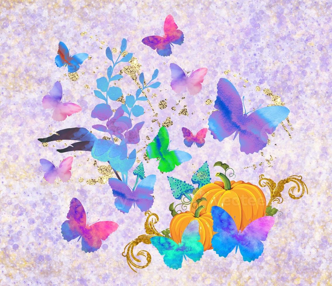 ilustración de halloween con calabazas, flores, mariposas, salpicaduras de oro. foto
