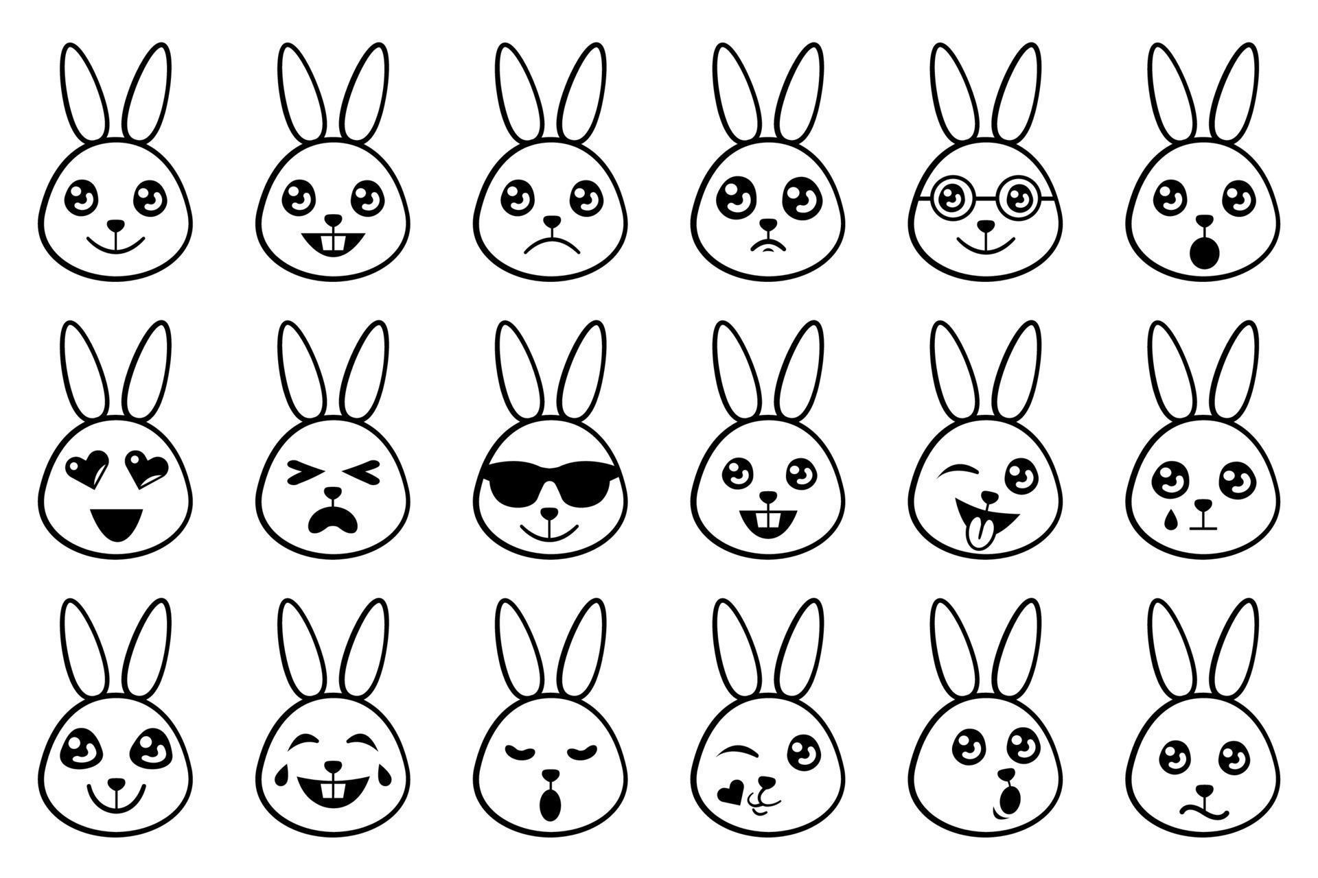 Bunny emoticon set with black thin line. Bunnies with different emotion