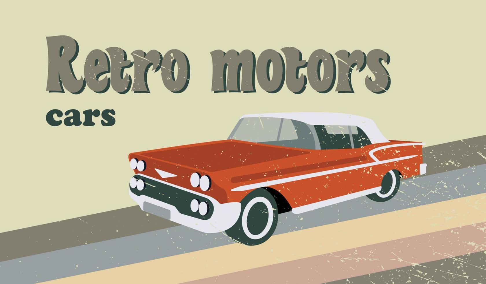 Vector cartoon vintage illustration with Retro Red Car with texture. Luxious retro vehicule.