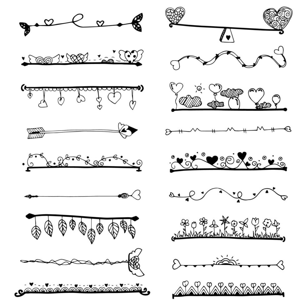 conjunto de vectores de colección de borde de línea dibujado a mano para elementos de San Valentín sobre fondo blanco