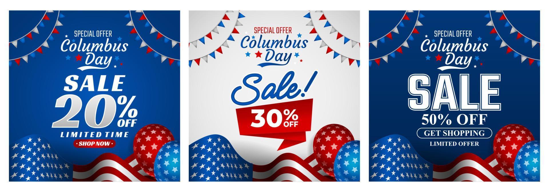 descuento de venta de columbus, feliz día de columbus tarjeta de felicitación 2022 con ondeando la bandera de estados unidos ilustración de fondo vectorial para pancarta, afiche, alimentación de redes sociales vector