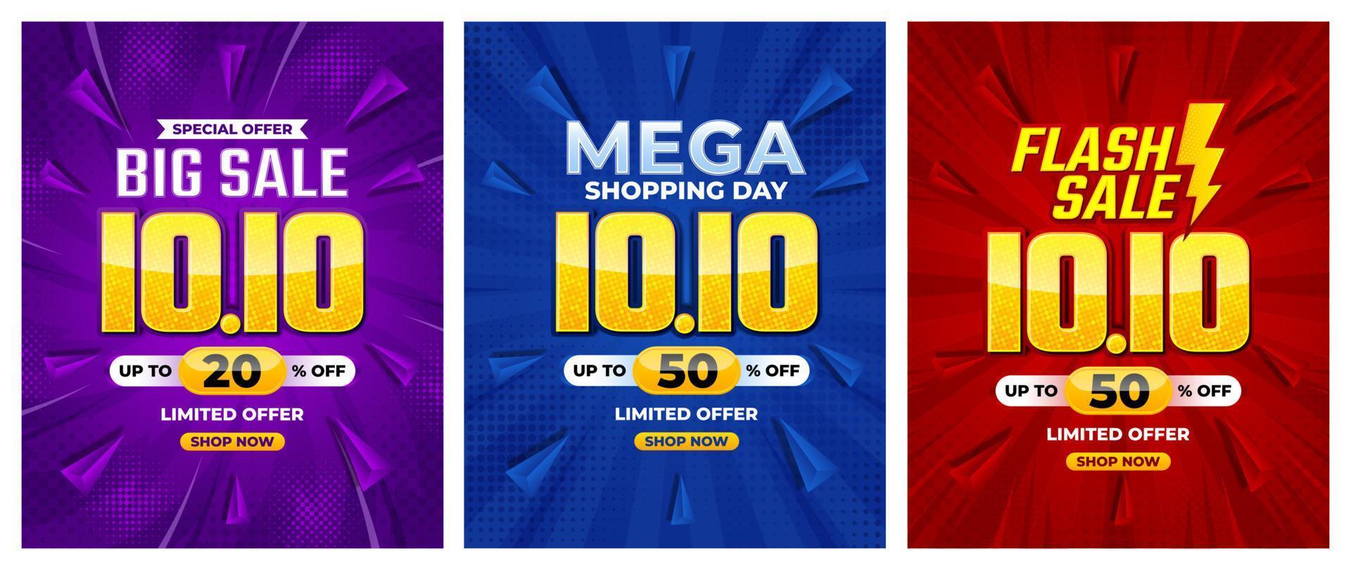10.10 Shopping day 2022 big sale, mega sale, flash sale banner background for business retail promotion vector for banner, poster, social media feed