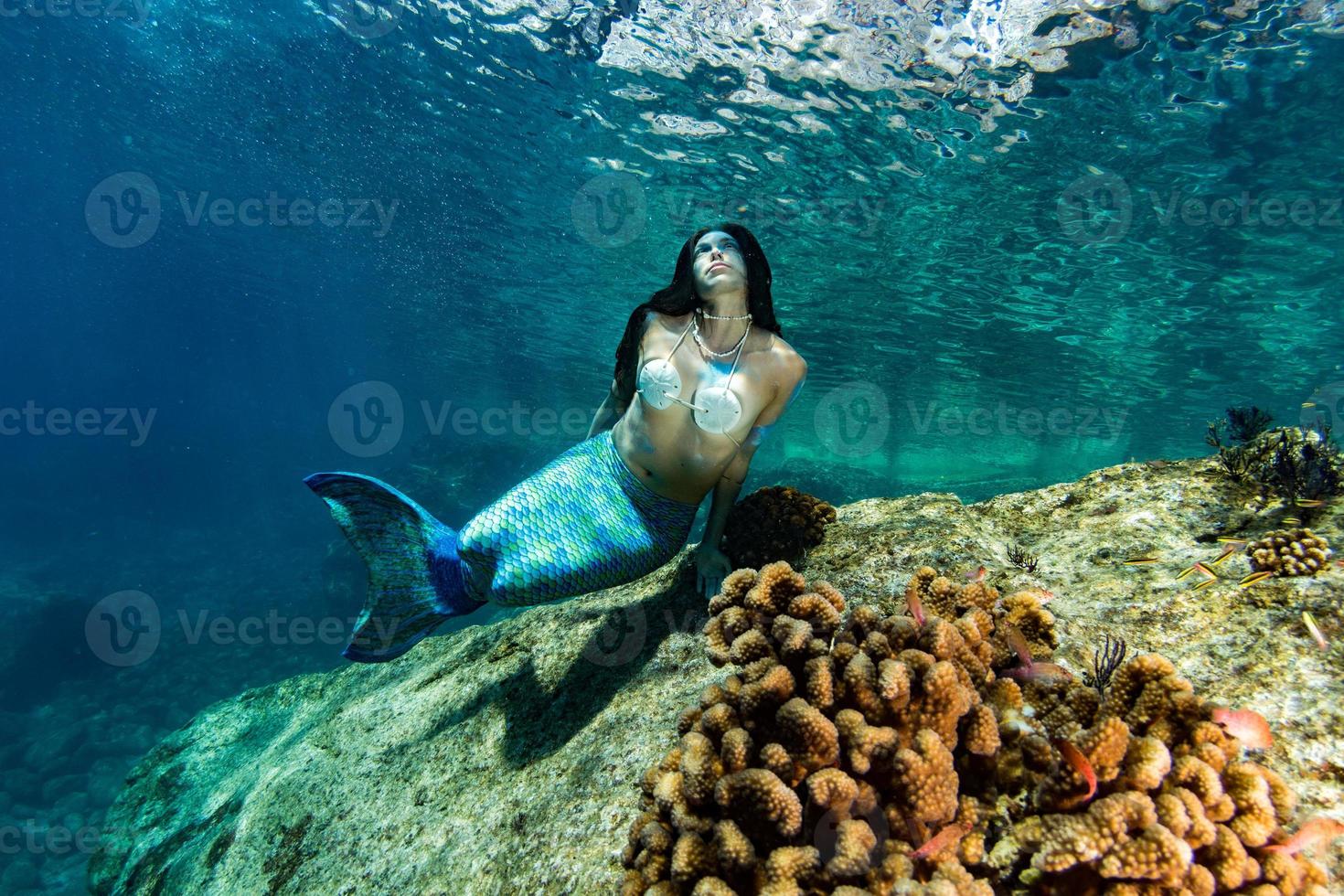 sirena nadando bajo el agua en el mar azul profundo foto