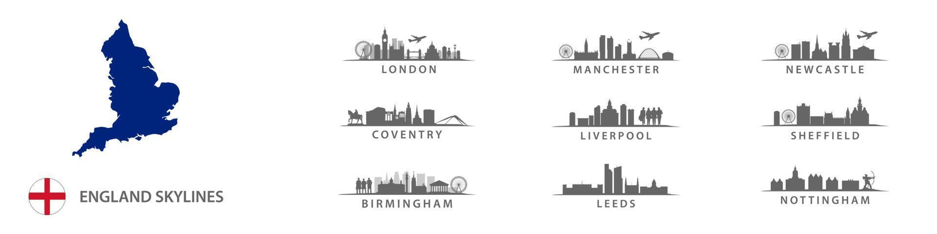 grandes ciudades de inglaterra, horizontes en siluetas vectoriales, destinos ingleses como londres, leeds, coventry, birmingham, liverpool, manchester newcastle, sheffield, nottingham vector