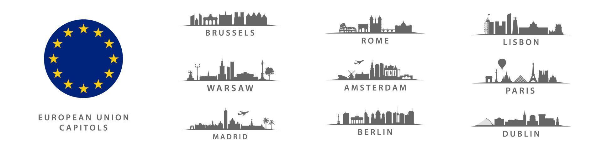 Collection of European Union Capitols, Big CIty on old continent, important metropolis set panorama vector