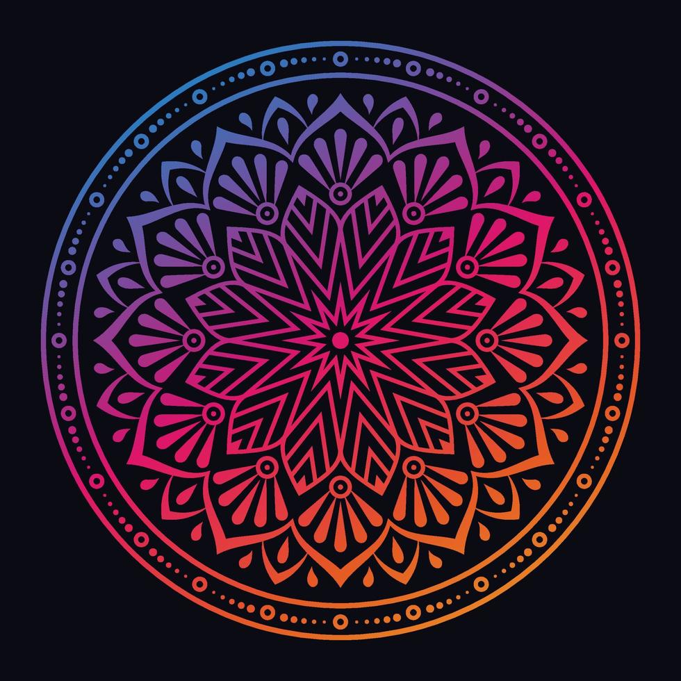 Colorful gradient color mandala on black isolated background. Abstract mandala design for yoga, meditation poster, banner, wallpaper, decoration ornament vector