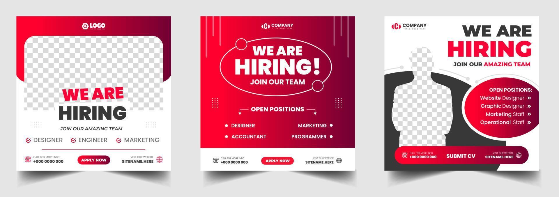 We are hiring job vacancy social media post banner design template with red color. We are hiring job vacancy square web banner design. vector