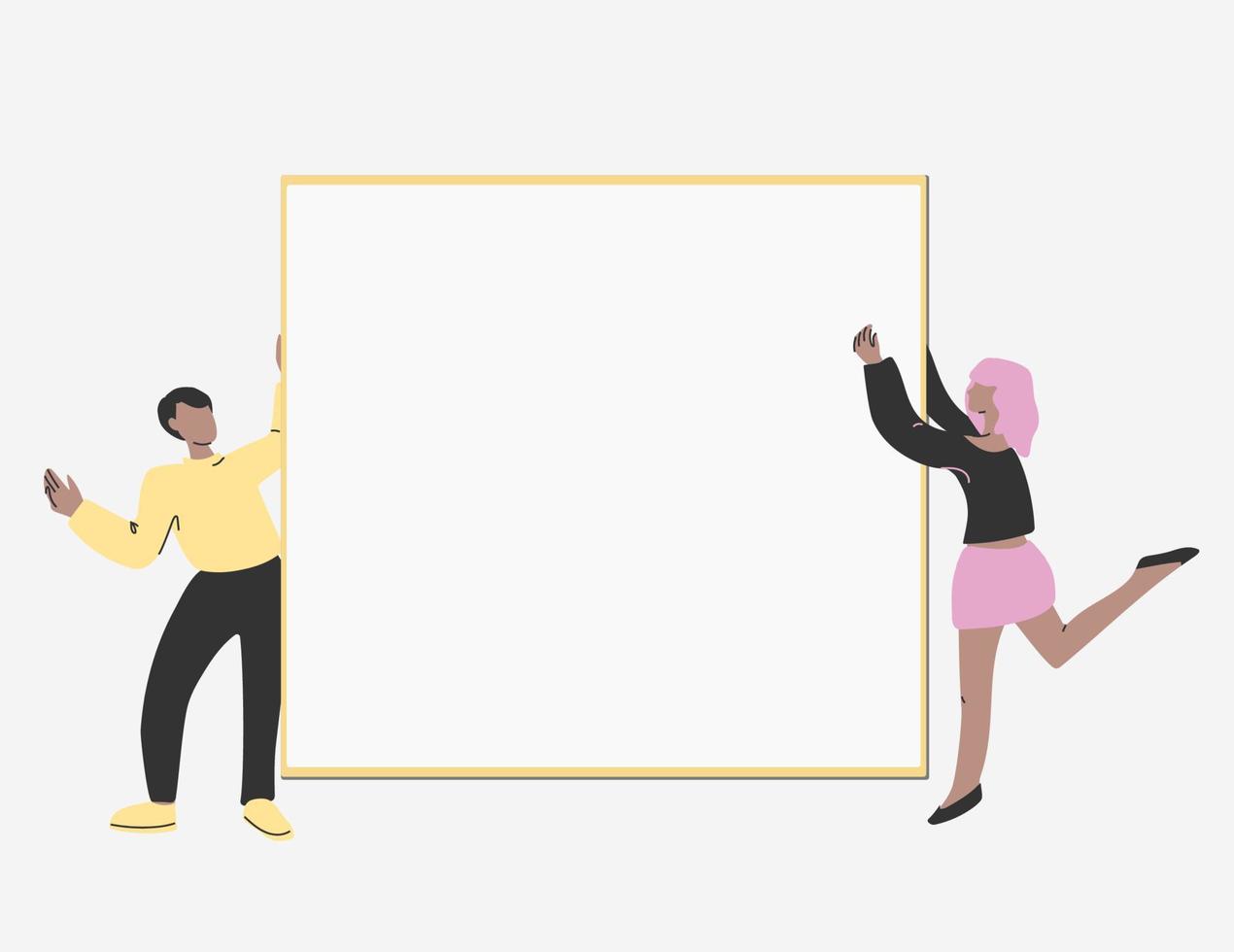 Modern template with people holding banner on white background. vector