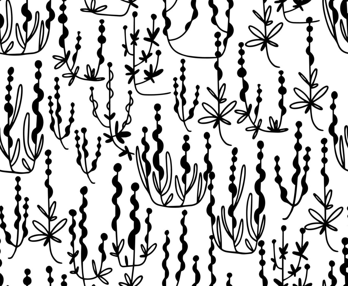 Seamless pattern with artistic foliage, natural leaves, herbs in a linear style. Decorative elegant illustration of flowers in uniform style. vector