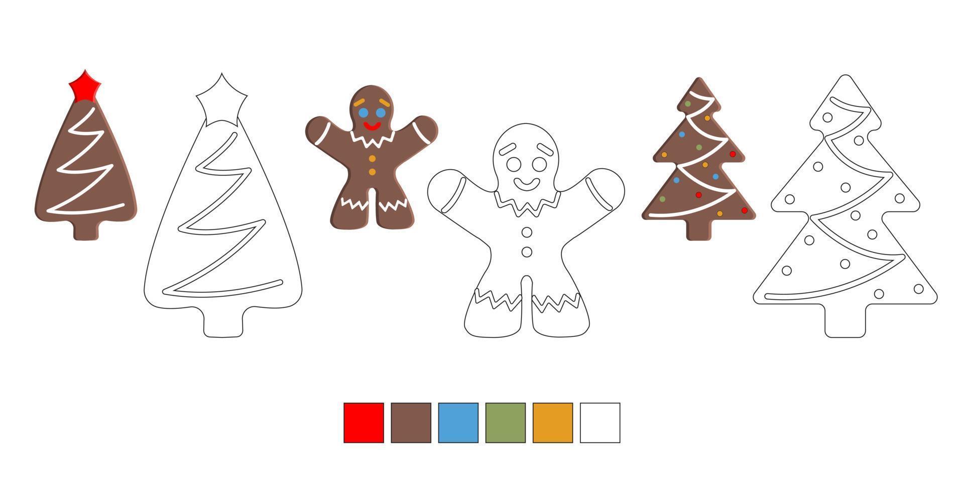 Christmas coloring book for children. Gingerbread figures, Christmas trees and a man. Vector illustration.