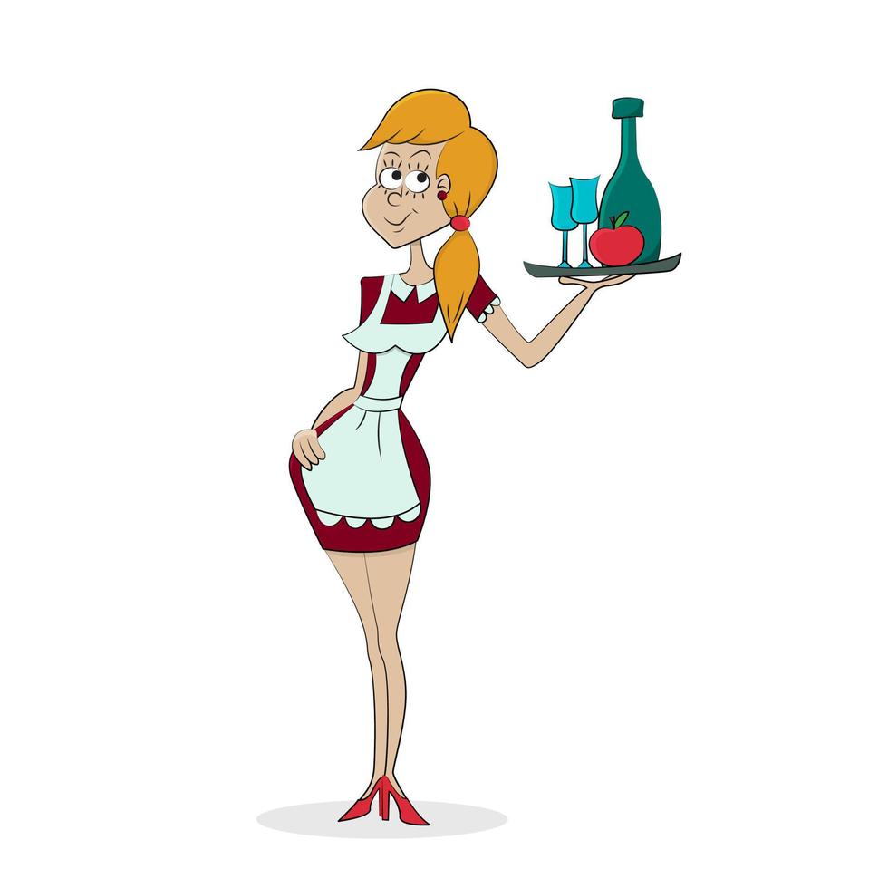 Cute sexy waitress with tray and glass of wine. Isolated on white background vector illustration.