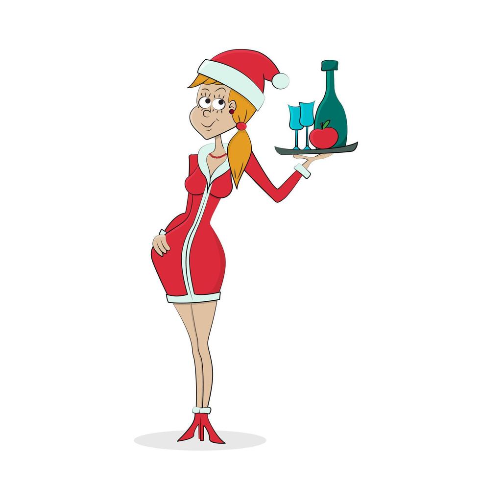 Beautiful snow maiden carries tray with wine and glasses. Waitress in New Year costume. Isolated vector illustration.