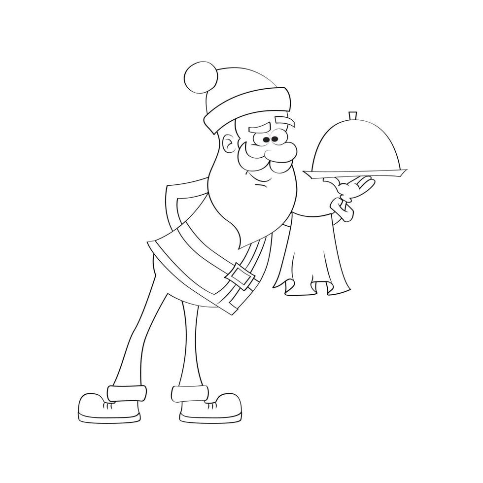 Funny Santa Claus waiter holding tray of food. Black and white vector illustration. Coloring book. Christmas and New Year celebration.