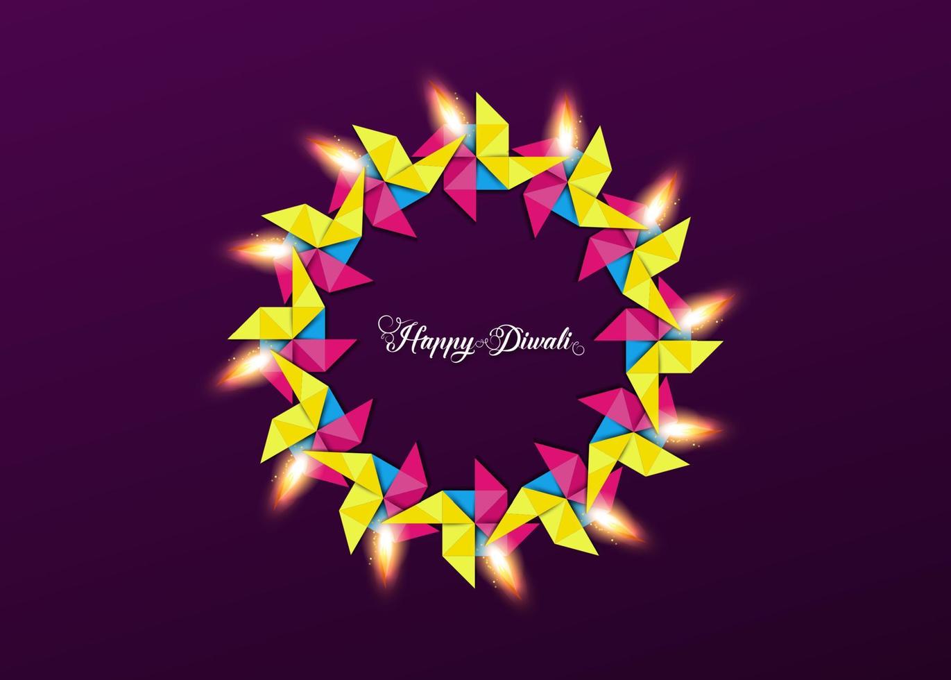 Happy Diwali Festival of Lights Celebration, colorful template, crown of lights in origami paper Graphic design of Indian Diya Oil Lamps, Modern Flat Design vector banner art style,  purple background