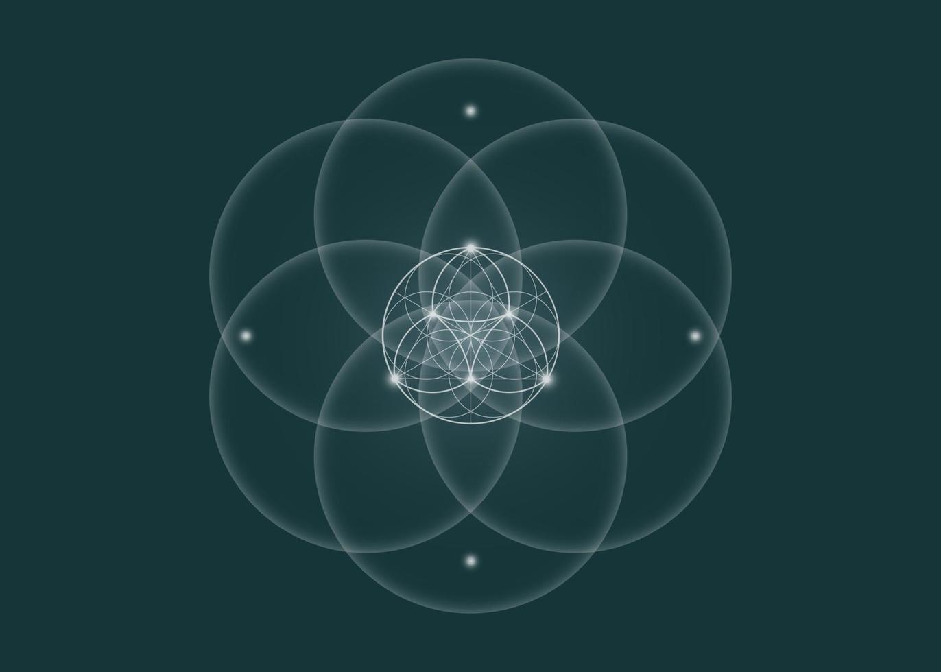 Sacred Geometry, Flower of Life, lotus flower mandala. White Neon vintage logo Symbol of Harmony and Balance, Glowing Geometrical Ornament, yoga relax, vector isolated on green background