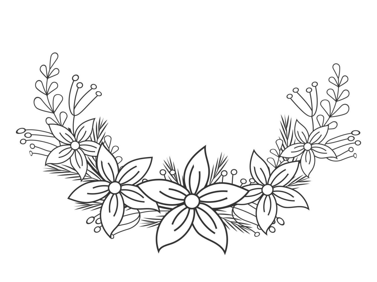 Hand drawn monochrome christmas frame. wreath, branch from poinsettia and leaves. Vector illustration. Childrens coloring book. Isolated on white.