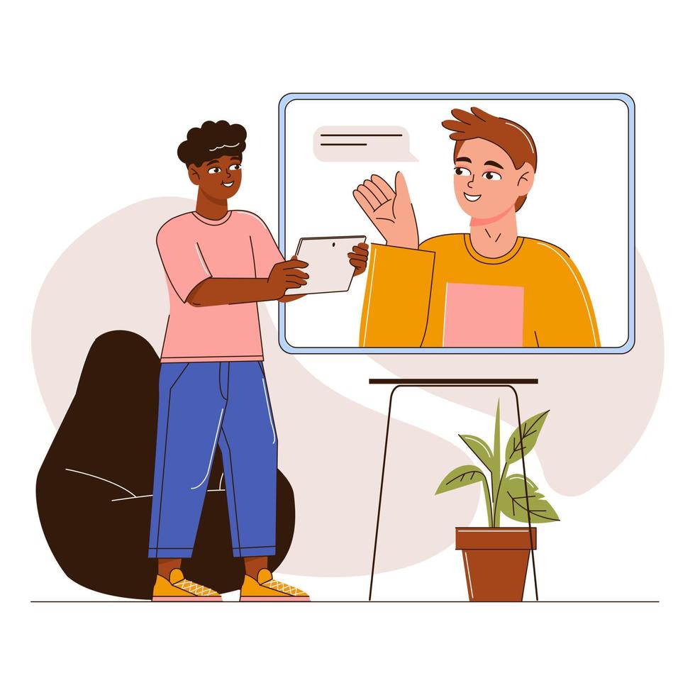 A young student guy is talking to a friend via video link. Remote communication. Flat vector illustration.