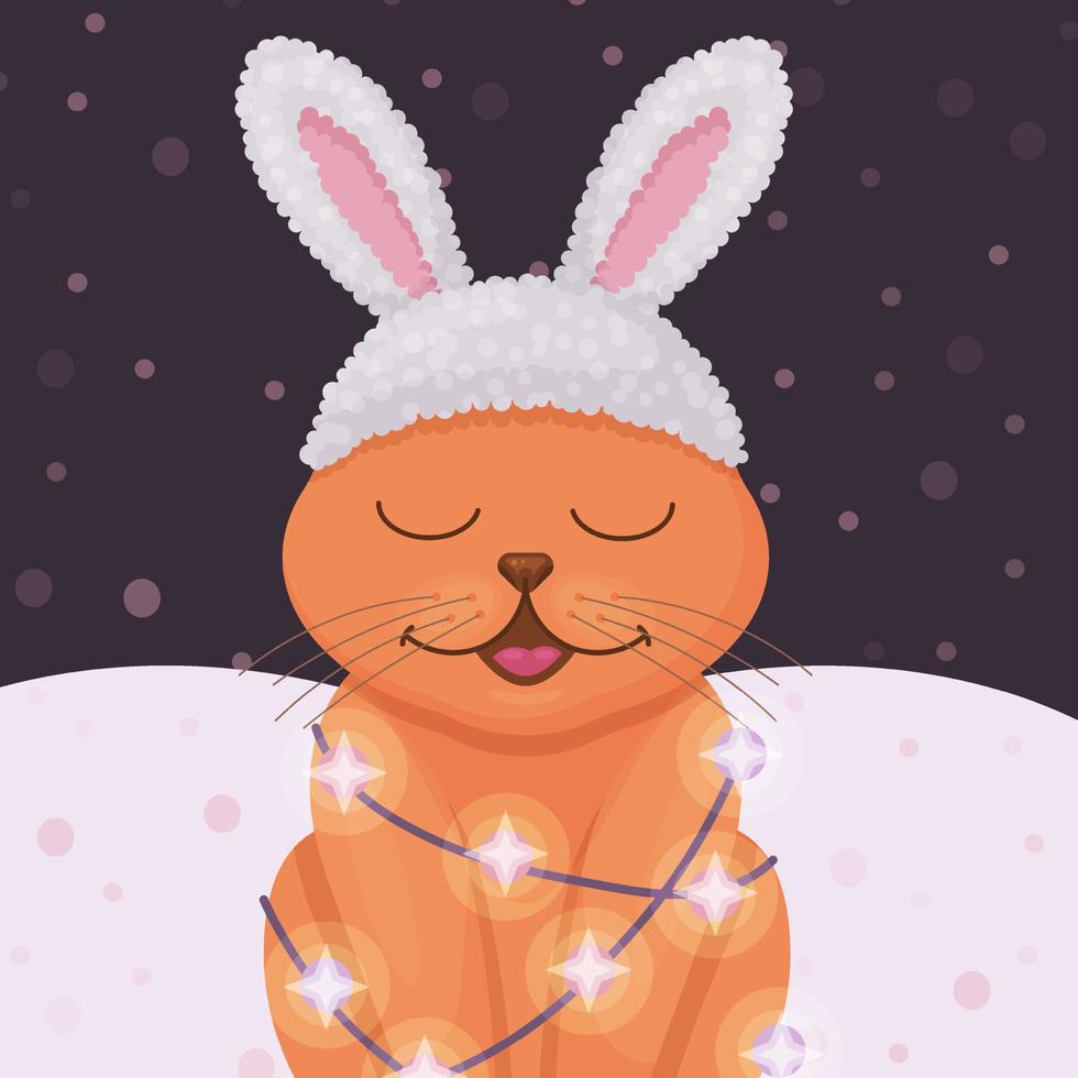 Cute christmas cat in a rabbit hat with ears. Winter postcard. Vector illustration. Cartoon style.