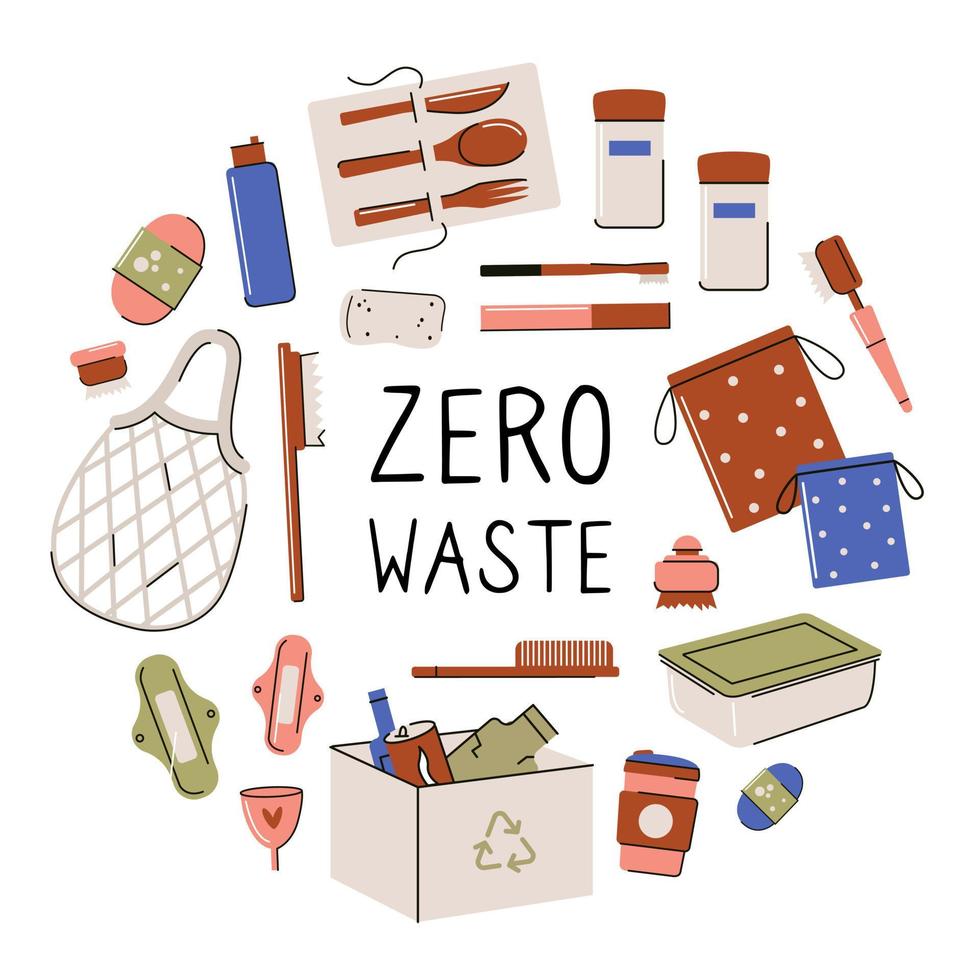 Zero Waste logo design template set. No Plastic and Go Green concept in circle form. Vector eco lifestyle sign and symbol collection. Color line icon illustration of Refuse Reduce Reuse Recycle Rot