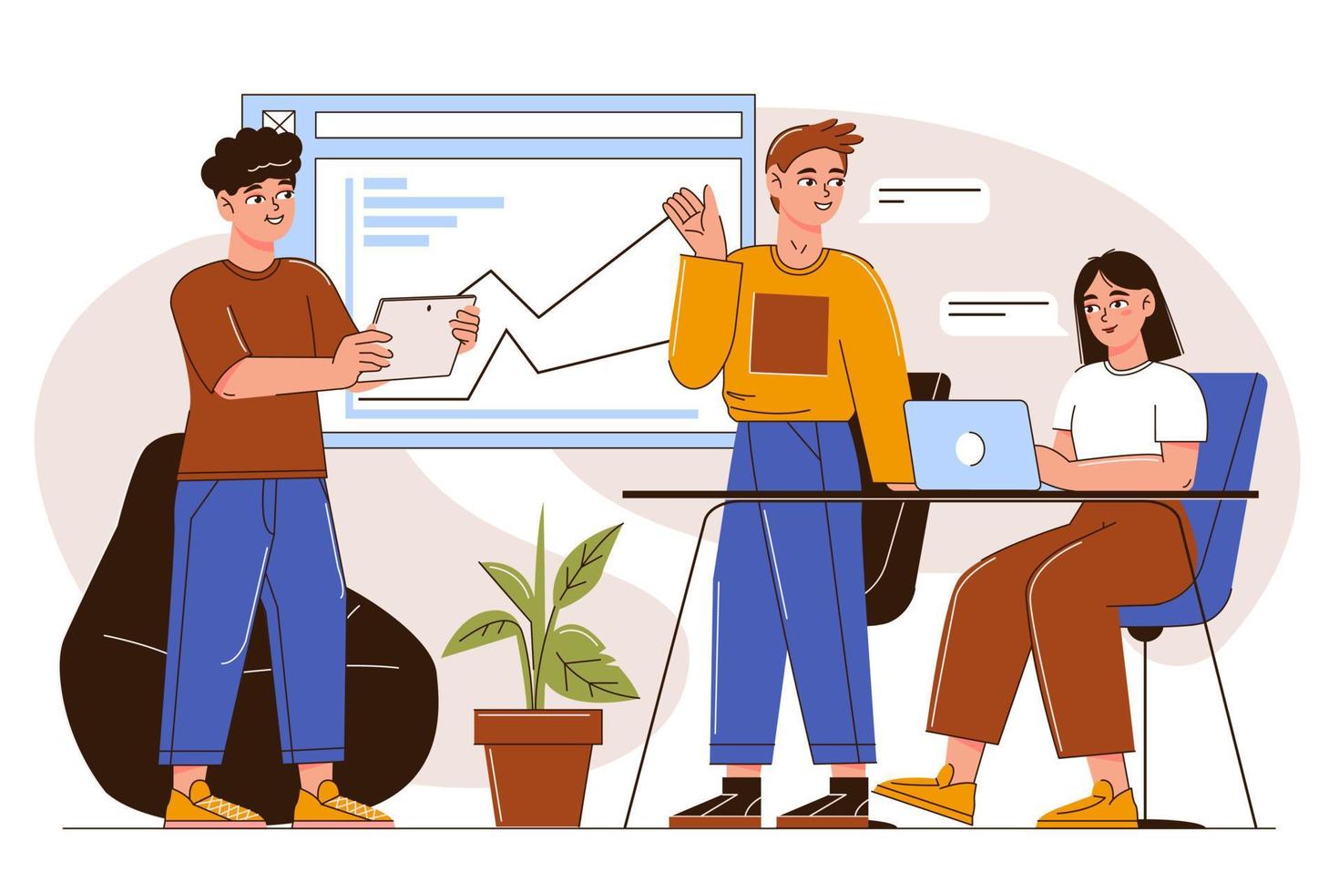 Flexible management methodology. Characters planning business projects and tasks. Employees in the office. Teamwork and brainstorming. Effective management. Flat vector illustration.