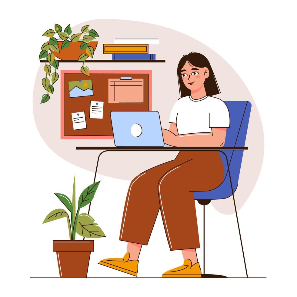 A woman working at her desk at home. She has a lot of work to do. A woman working with a laptop at her desk. Vector flat illustration of a student studying at home.