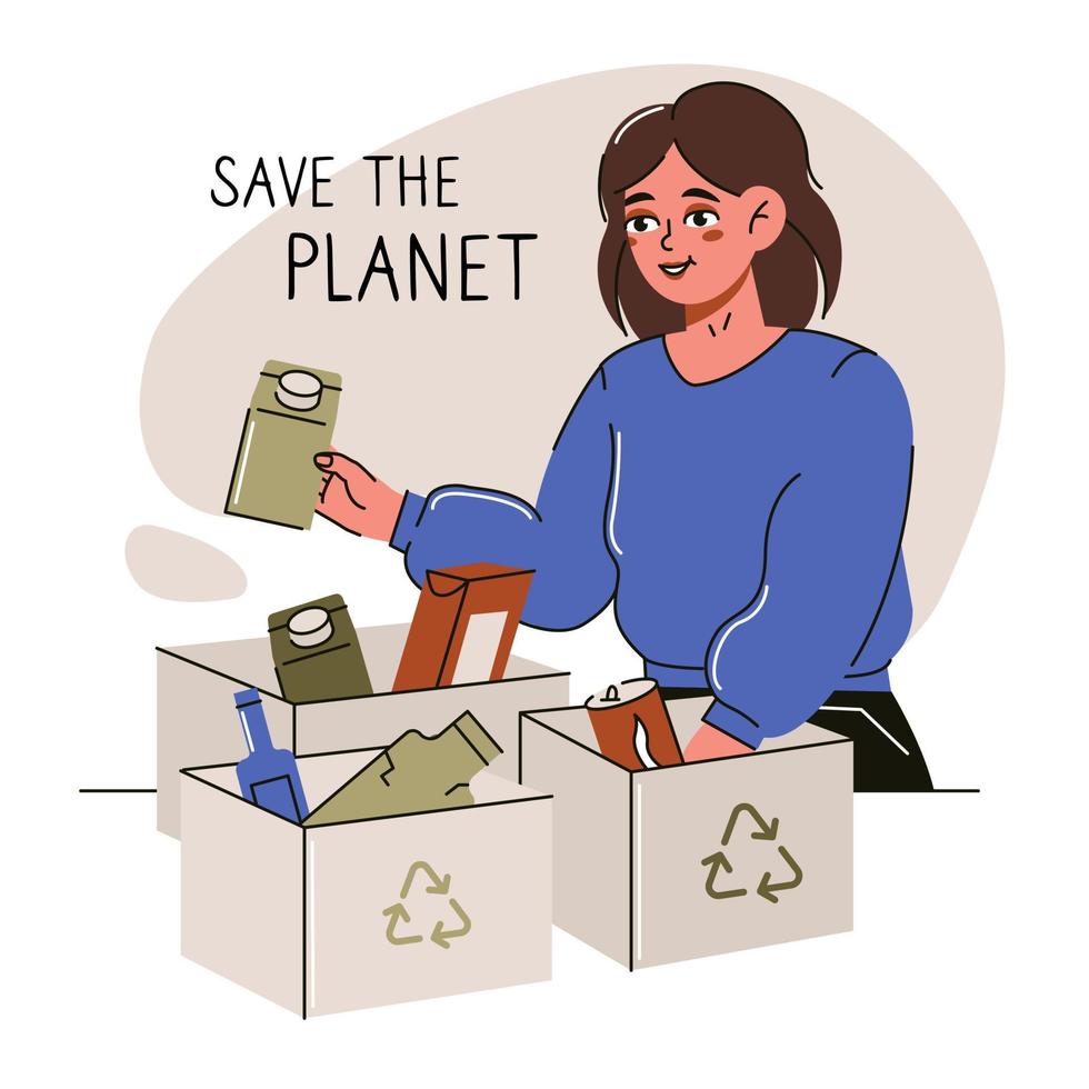 mujer joven tirando basura plástica en contenedores ilustración vectorial. concepto de gestión de residuos con una chica ecológica que clasifica los residuos en diferentes tanques. infografia ecologica para salvar la tierra vector