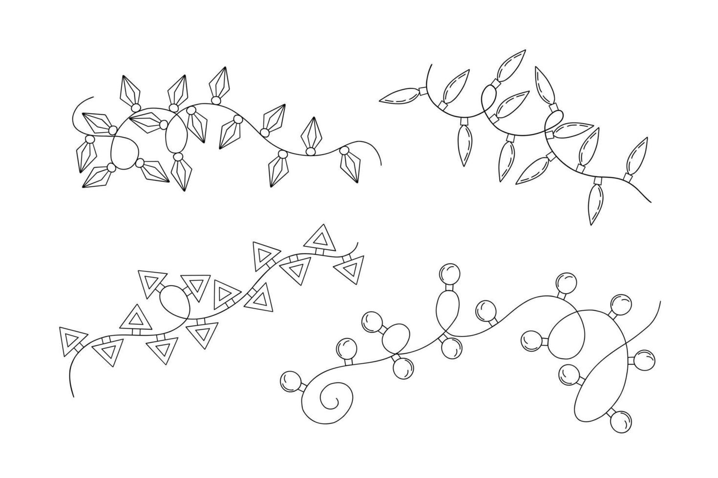 Christmas lights curly string garlands set simple doodle hand drawn vector illustration, outline image for winter New Year holiday, birthday events design