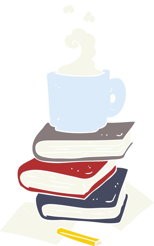 flat color illustration of a cartoon books and coffee cup vector